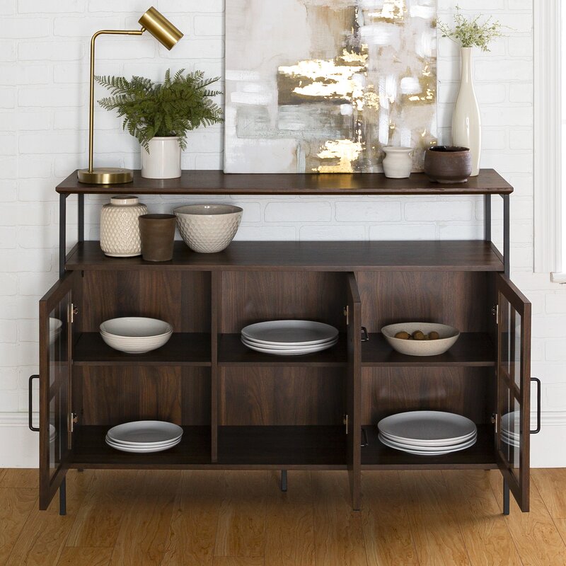 Dark Walnut 48'' Wide Buffet Table 3 Doors with Soft Close Hinges on the Bottom Perfect for Organize