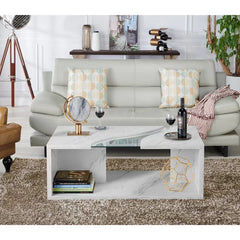 Dunaway Floor Shelf Coffee Table with Storage Curved Glass Accented Tabletop