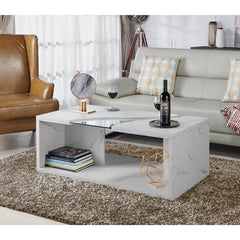 Dunaway Floor Shelf Coffee Table with Storage Curved Glass Accented Tabletop