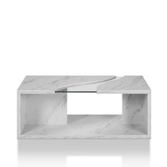 Dunaway Floor Shelf Coffee Table with Storage Curved Glass Accented Tabletop