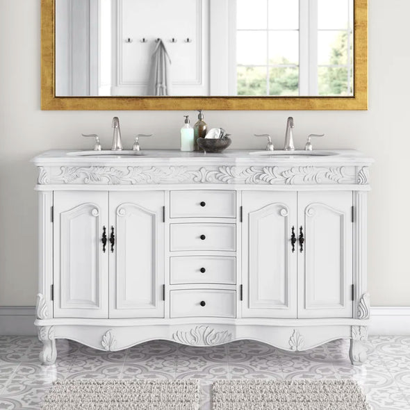 Antique White Ebbert 60" Double Bathroom Vanity Set Hand Painted Teak Finish