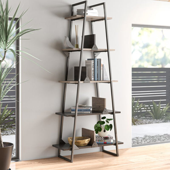 Rustic Gray/Charred Wood 71.85'' H x 31.73'' W Metal Ladder Bookcase Five Shelves that Descend in Size from Top To Bottom