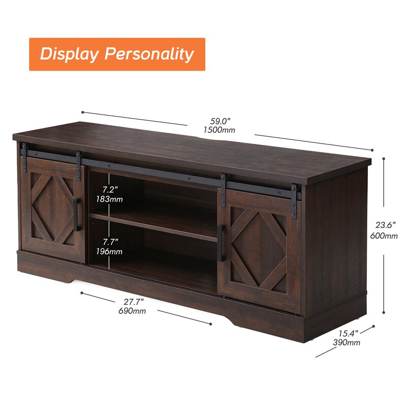 Brown Edgard TV Stand for TVs up to 65" Classical Design Sliding Barn Doors