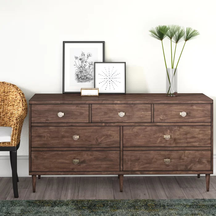 Egypt 7 Drawer 64'' W Double Dresser Mid Century Modern Vintage Inspired Accents