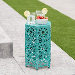 12-inch Side Table Add Some Color to your Patio. Featuring A Sunburst Cut Out Design