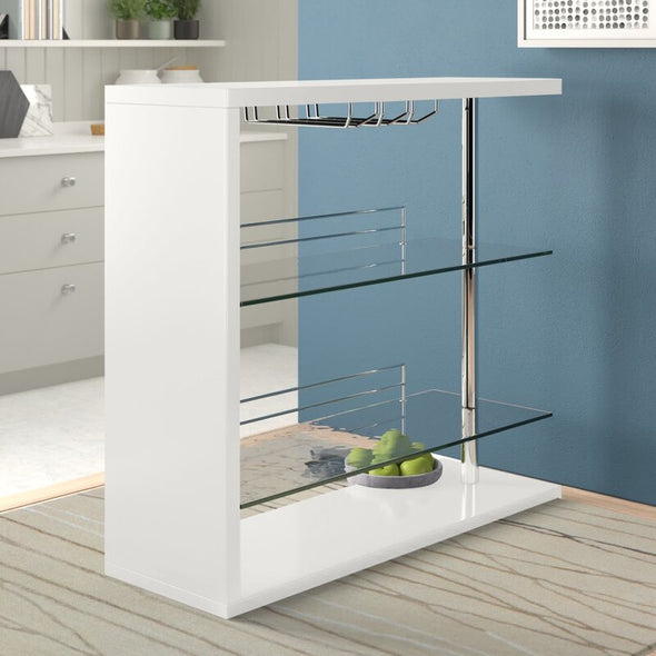 White Bar Height 47.25'' Pedestal Dining Table Wood Frame and Glossy Metal Pillar, this Openwork Pub Table Brings A Touch of Contemporary