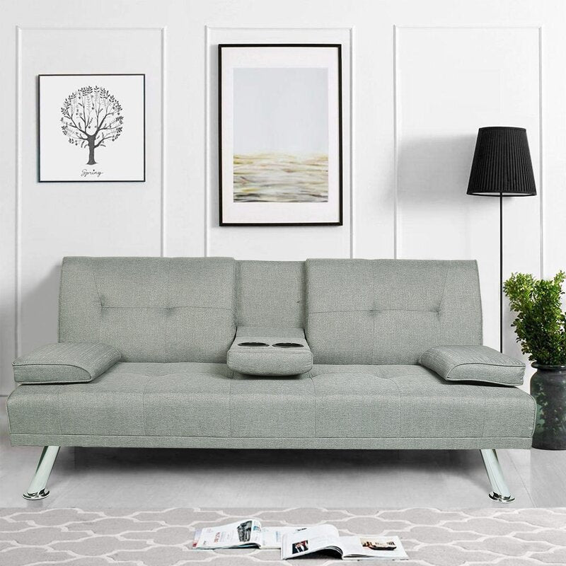 Elissa Twin 66'' Wide Linen Tufted Back Convertible Sofa Light Gray Polyester