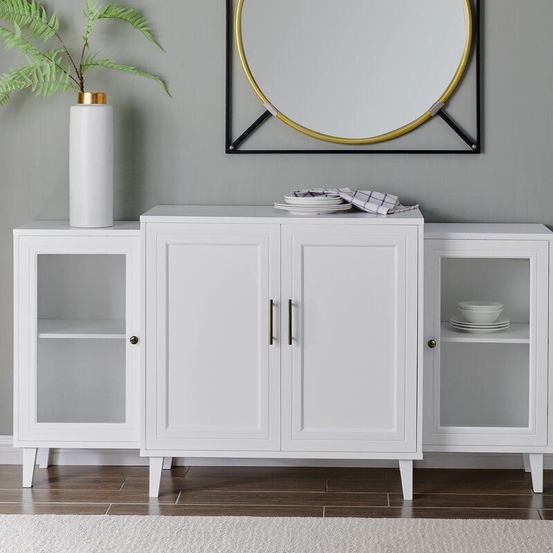 White 62'' Wide Sideboard Two Tempered Glass Doors Frame the Side Sections of this Modern Storage Console, with Two Opaque Wood Door