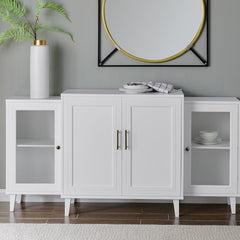 White 62'' Wide Sideboard Two Tempered Glass Doors Frame the Side Sections of this Modern Storage Console, with Two Opaque Wood Door