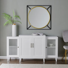 White 62'' Wide Sideboard Two Tempered Glass Doors Frame the Side Sections of this Modern Storage Console, with Two Opaque Wood Door