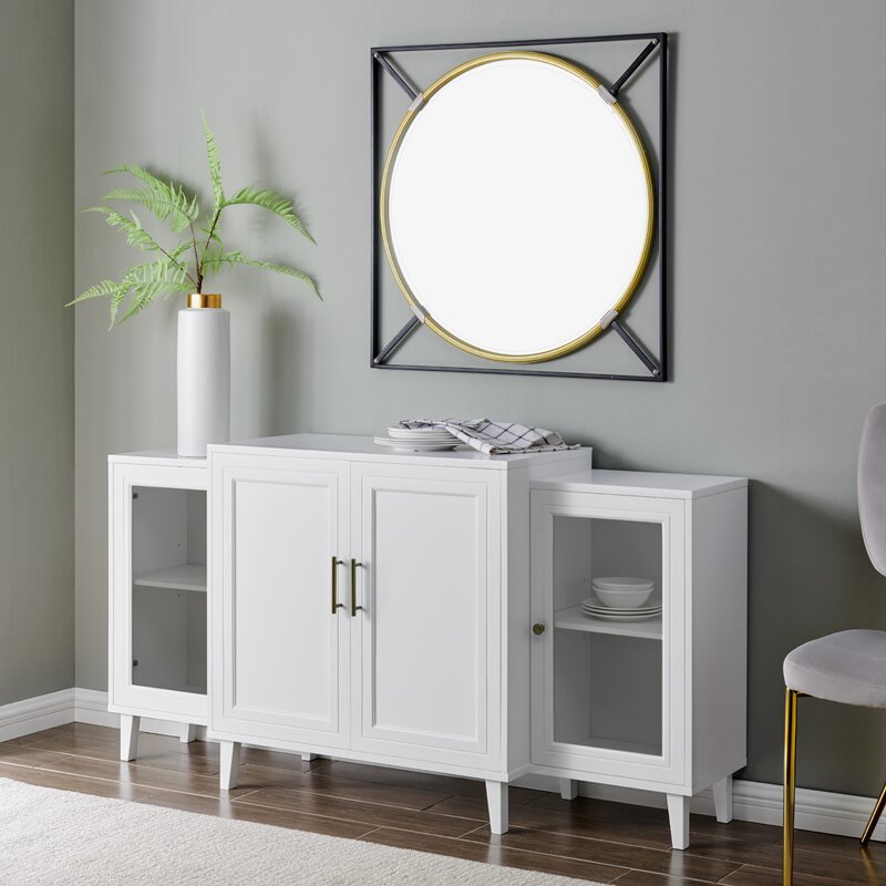White 62'' Wide Sideboard Two Tempered Glass Doors Frame the Side Sections of this Modern Storage Console, with Two Opaque Wood Door