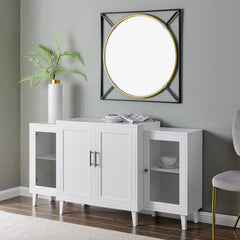 White 62'' Wide Sideboard Two Tempered Glass Doors Frame the Side Sections of this Modern Storage Console, with Two Opaque Wood Door