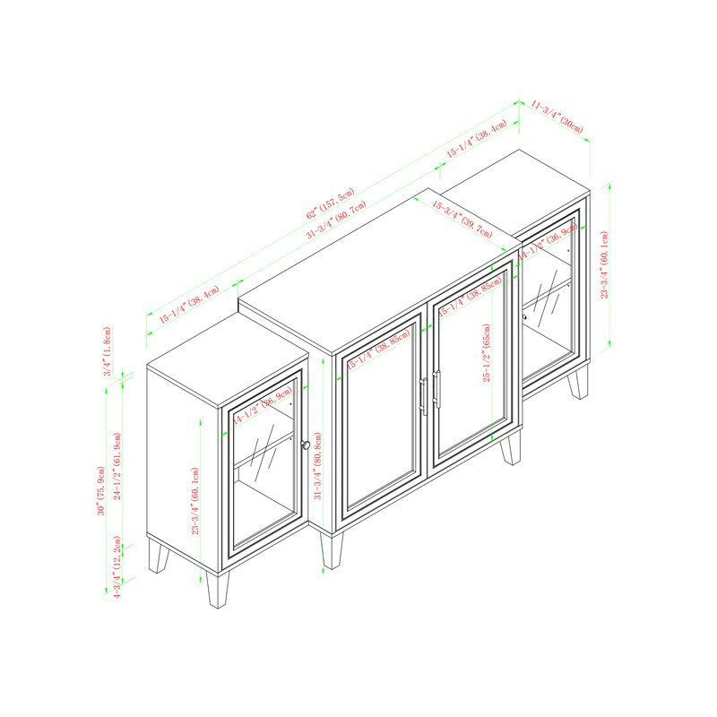 White 62'' Wide Sideboard Two Tempered Glass Doors Frame the Side Sections of this Modern Storage Console, with Two Opaque Wood Door
