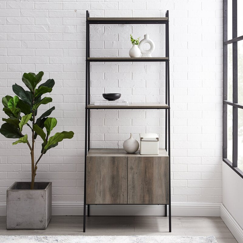 Gray Wash 72'' H x 28'' W Steel Ladder Bookcase Displaying A Potted Plant or Framed Photo to Framing