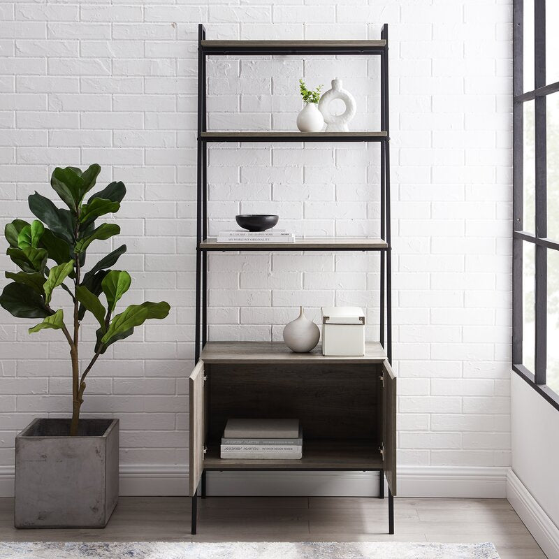 Gray Wash 72'' H x 28'' W Steel Ladder Bookcase Displaying A Potted Plant or Framed Photo to Framing