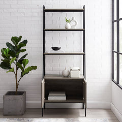 Gray Wash 72'' H x 28'' W Steel Ladder Bookcase Displaying A Potted Plant or Framed Photo to Framing