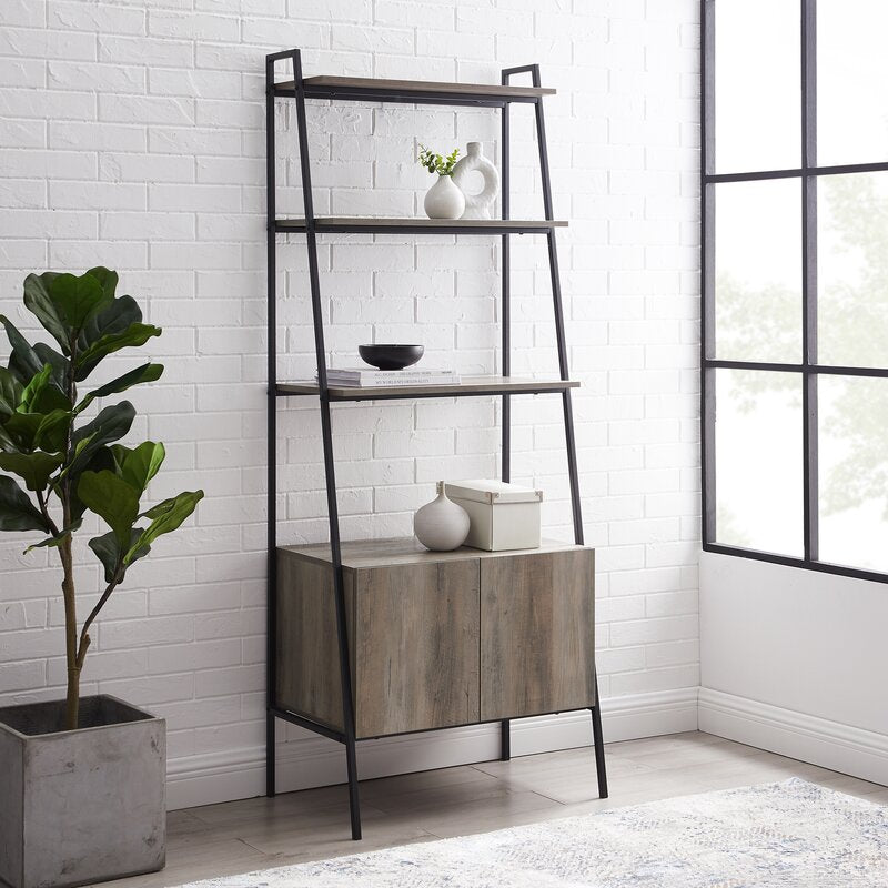 Gray Wash 72'' H x 28'' W Steel Ladder Bookcase Displaying A Potted Plant or Framed Photo to Framing