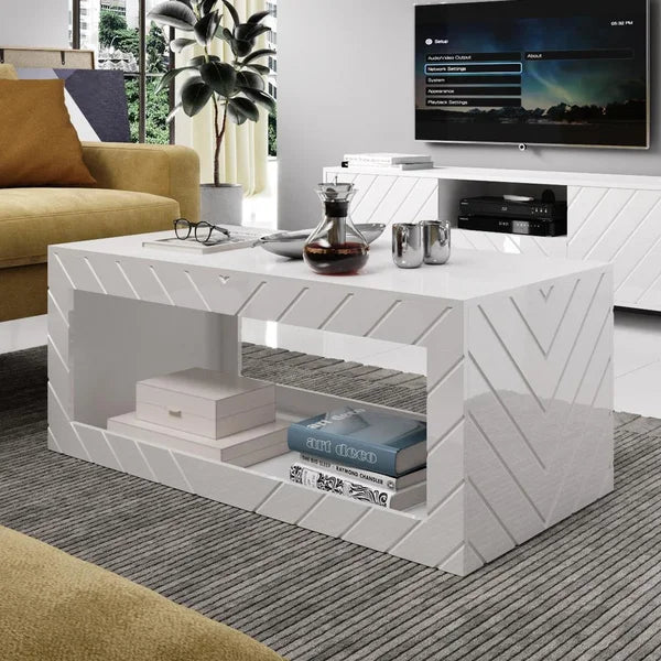 White Elsfield Solid Wood Coffee Table with Storage Contemporary Design