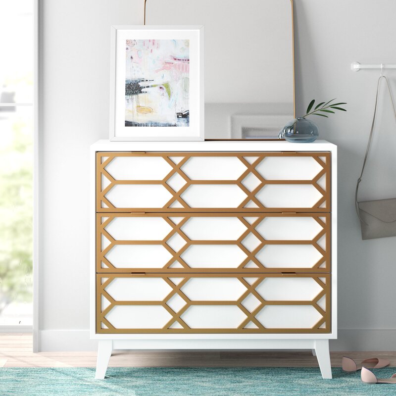 White Estelle 34'' Tall 3 Drawer Accent Chest Mid Century Modern Look