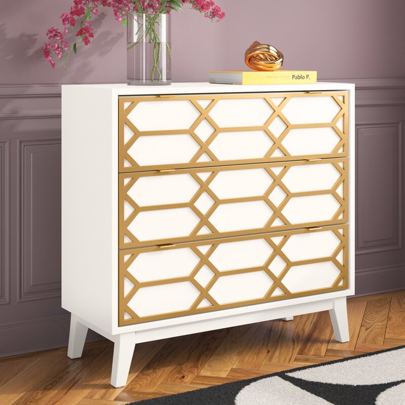 White Estelle 34'' Tall 3 Drawer Accent Chest Mid Century Modern Look