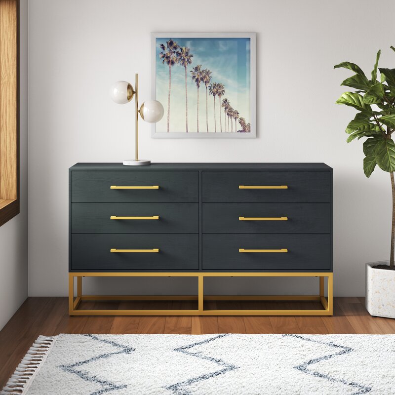 Teal 6 Drawer 56'' W Dresser Contemporary Dresser To Any Bedroom Designed with Substantial Brass Metal Hardware and Legs Six Drawers