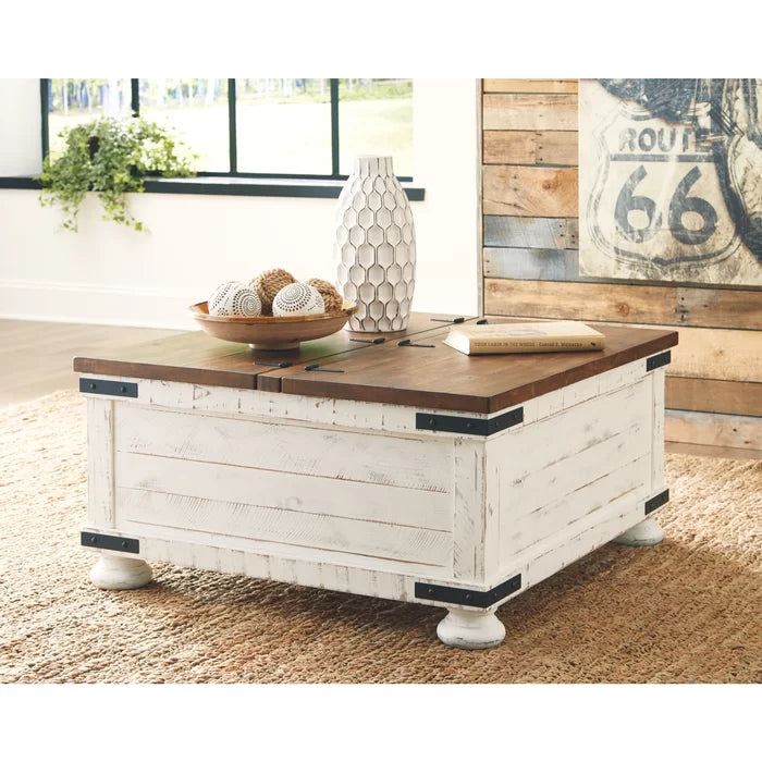 Coffee Table with Storage Rustic Farmhouse Heavy Distressing Solid Manufactured Wood
