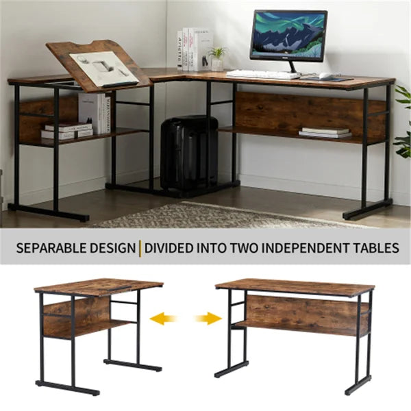 Brown/Black L-Shape Table 4 Different Positions from Flat to 90°Degree Manufactured Wood