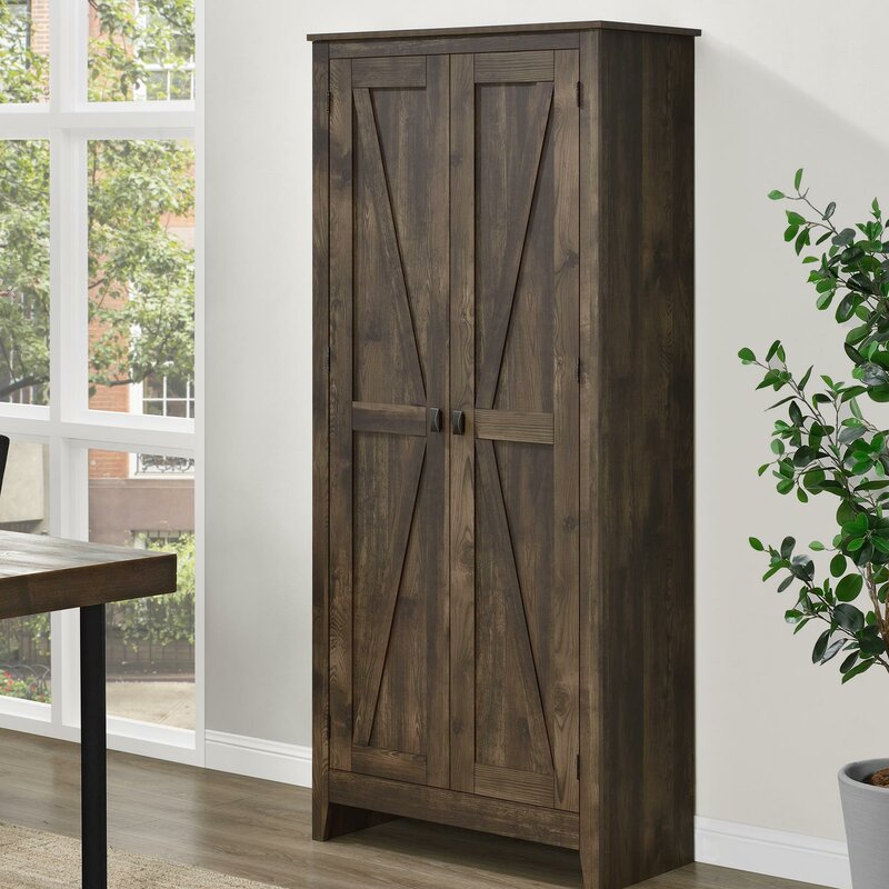 Rustic Brown 31.5'' Wide 4 - Shelf Storage Cabinet Four Shelves for Storage Two Are Adjustable Perfect for Organize