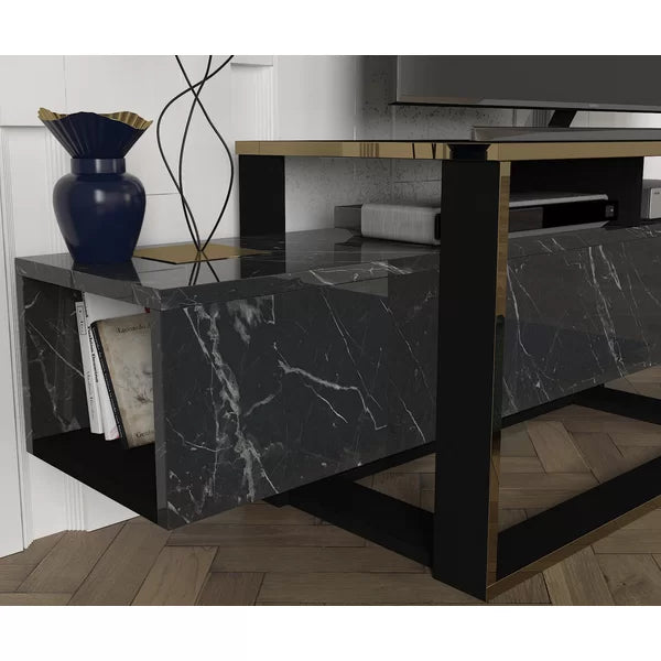 Black/Gold TV Stand for TVs up to 70" Faux-Marble Finish Manufactured Wood