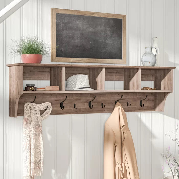 Everlene 60 Wide 9 Hook Wall Mounted Coat Rack with Storage in Drifted Gray