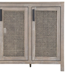 Solid Wood TV Stand for TVs up to 65" Four Paneled Cabinet Doors with Wicker Mesh Fronts Reveal Ample Shelf Space