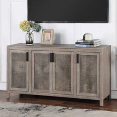 Solid Wood TV Stand for TVs up to 65" Four Paneled Cabinet Doors with Wicker Mesh Fronts Reveal Ample Shelf Space