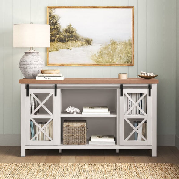 White/Golden Oak TV Stand for TVs up to 65" Two Cabinet Doors To Slide Open, Giving you Access To Shelf Space for DVDs and Books Perfect for Organize