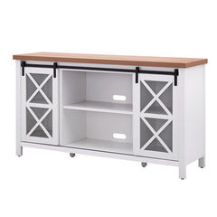 White/Golden Oak TV Stand for TVs up to 65" Two Cabinet Doors To Slide Open, Giving you Access To Shelf Space for DVDs and Books Perfect for Organize