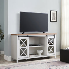White/Golden Oak TV Stand for TVs up to 65" Two Cabinet Doors To Slide Open, Giving you Access To Shelf Space for DVDs and Books Perfect for Organize