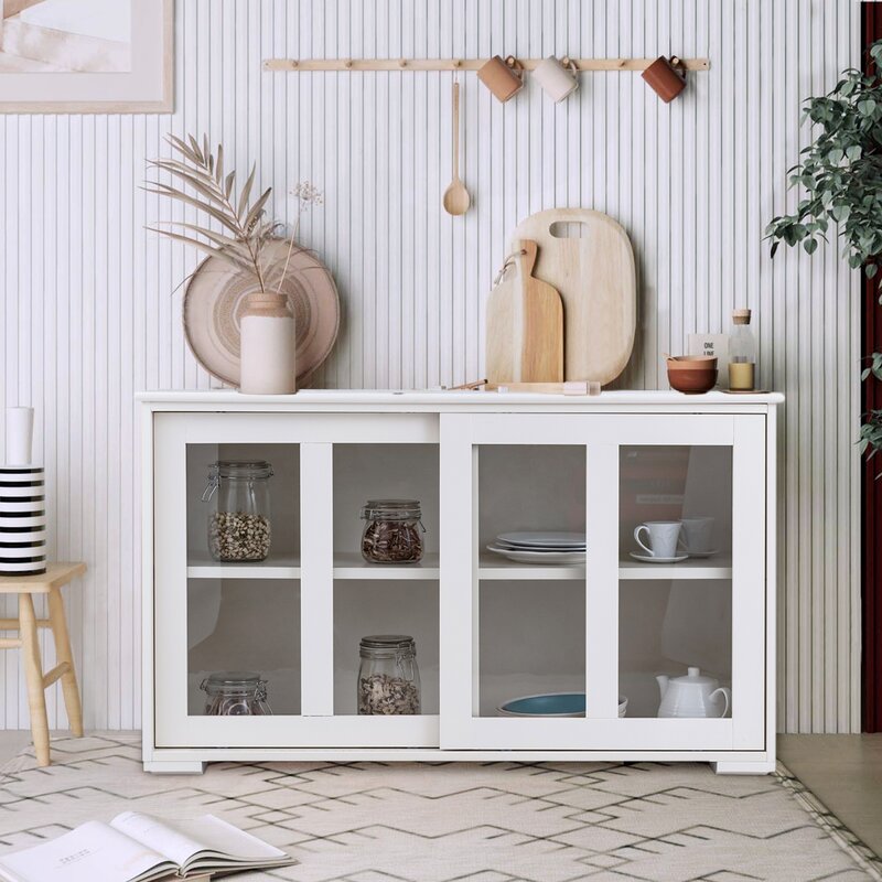 Cream White 42'' Wide Server Kitchen Storage Cabinet with Sliding Doors is Perfect to Fit your Kitchen Or Dining Room