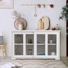 Cream White 42'' Wide Server Kitchen Storage Cabinet with Sliding Doors is Perfect to Fit your Kitchen Or Dining Room