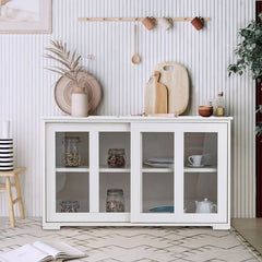 Cream White 42'' Wide Server Kitchen Storage Cabinet with Sliding Doors is Perfect to Fit your Kitchen Or Dining Room