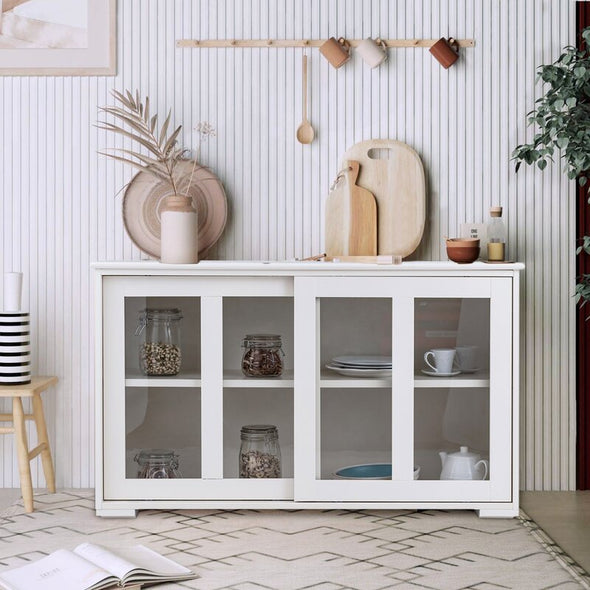 Cream White 42'' Wide Server Kitchen Storage Cabinet with Sliding Doors is Perfect to Fit your Kitchen Or Dining Room
