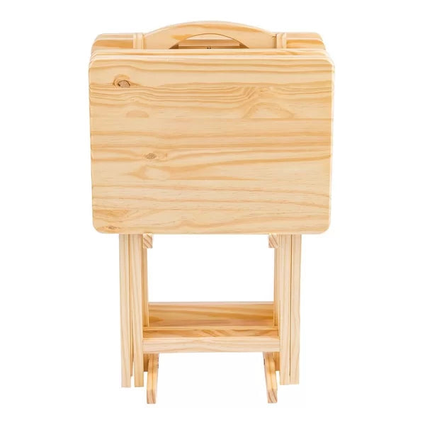 Natural Folding 5 Piece Tray Table Set with Stand Perfect Access and Organized Storage
