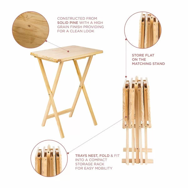 Natural Folding 5 Piece Tray Table Set with Stand Perfect Access and Organized Storage