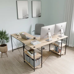 Oak Fortson L-Shape Desk Long Straight Desk with Shelves Design