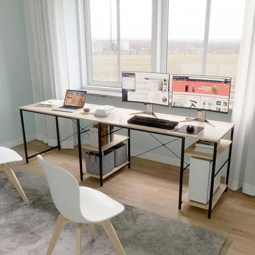 Oak Fortson L-Shape Desk Long Straight Desk with Shelves Design