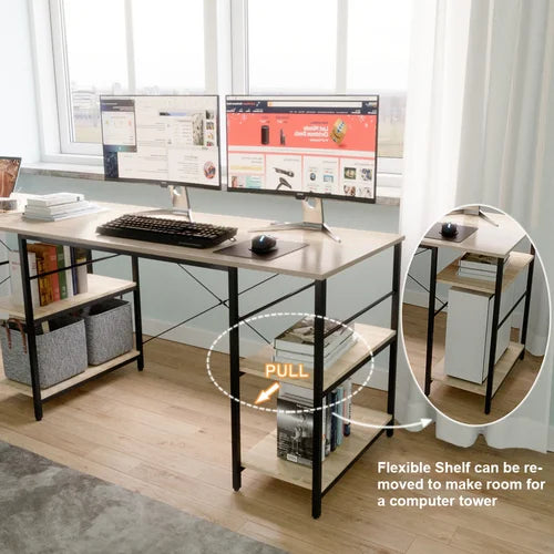 Oak Fortson L-Shape Desk Long Straight Desk with Shelves Design