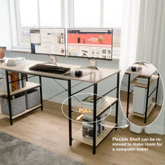 Oak Fortson L-Shape Desk Long Straight Desk with Shelves Design