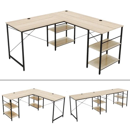 Oak Fortson L-Shape Desk Long Straight Desk with Shelves Design
