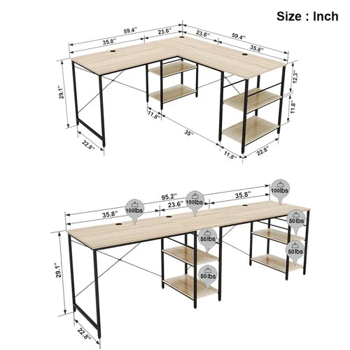 Oak Fortson L-Shape Desk Long Straight Desk with Shelves Design