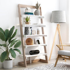 Contemporary 5-shelf Leaning Bookcase - Weathered White Five Spacious Shelves Prop Up Decorative Effects to Create A Display