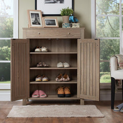 4-Shelf Shoe Cabinet Oak Two-Door Cabinet with Four Adjustable Shelves to Organize