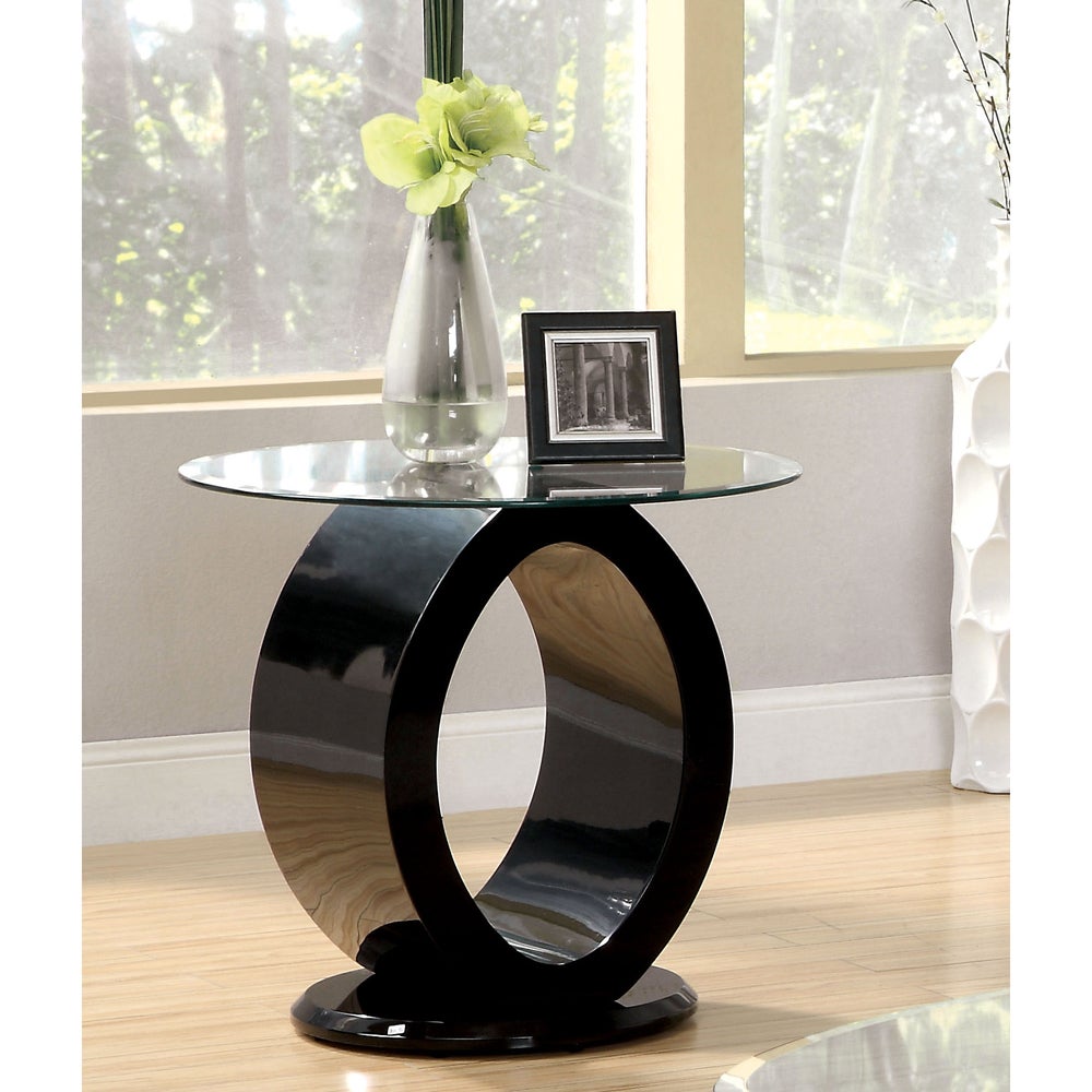 24-inch O-shaped Side Table - Black Smooth Curves. The Sturdy Tempered Glass Top